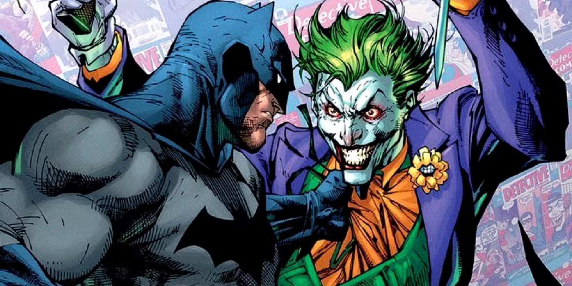 Batman tackling Joker while the villain smiles and raises a knife.