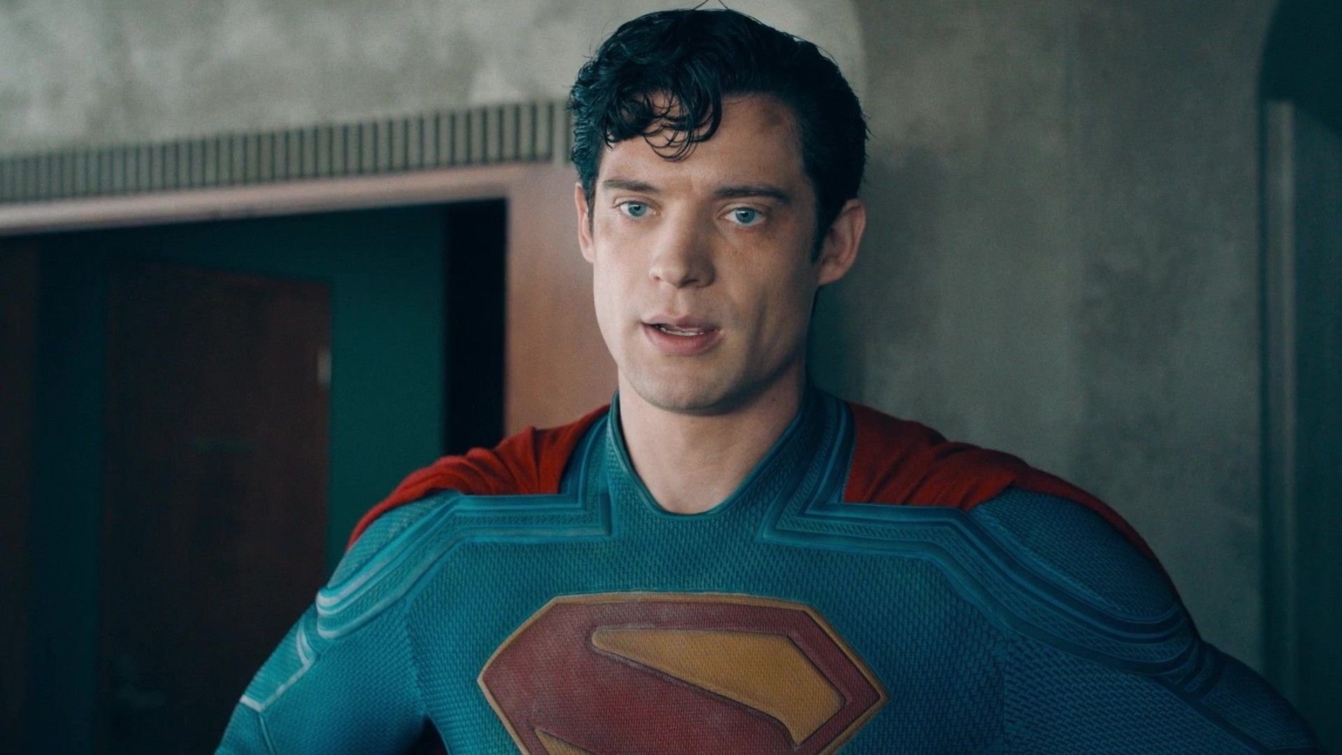 David Corenswet looking annoyed at Krypto in Superman