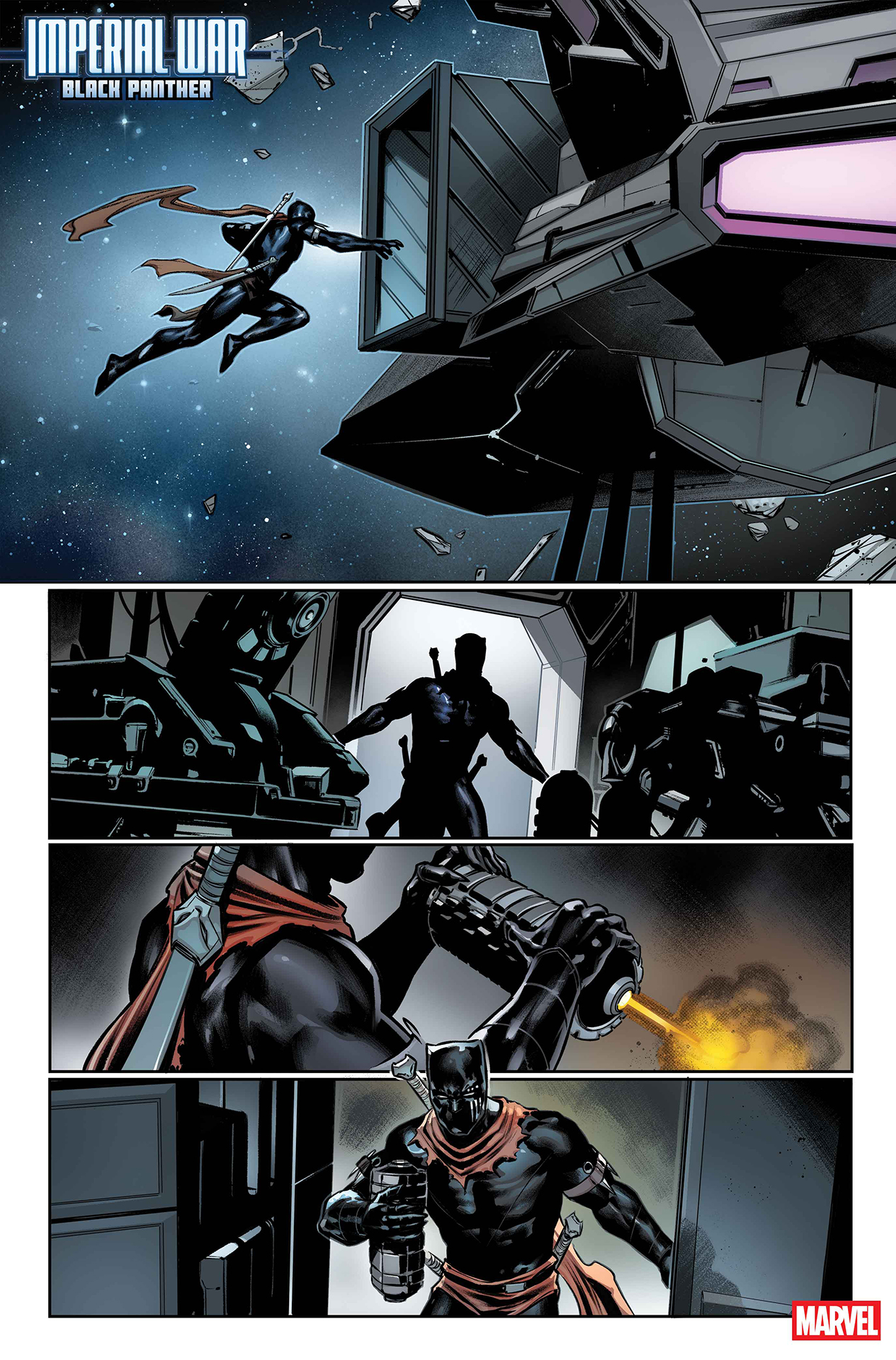 Black Panther sneaking onto a ship by leaping across open space