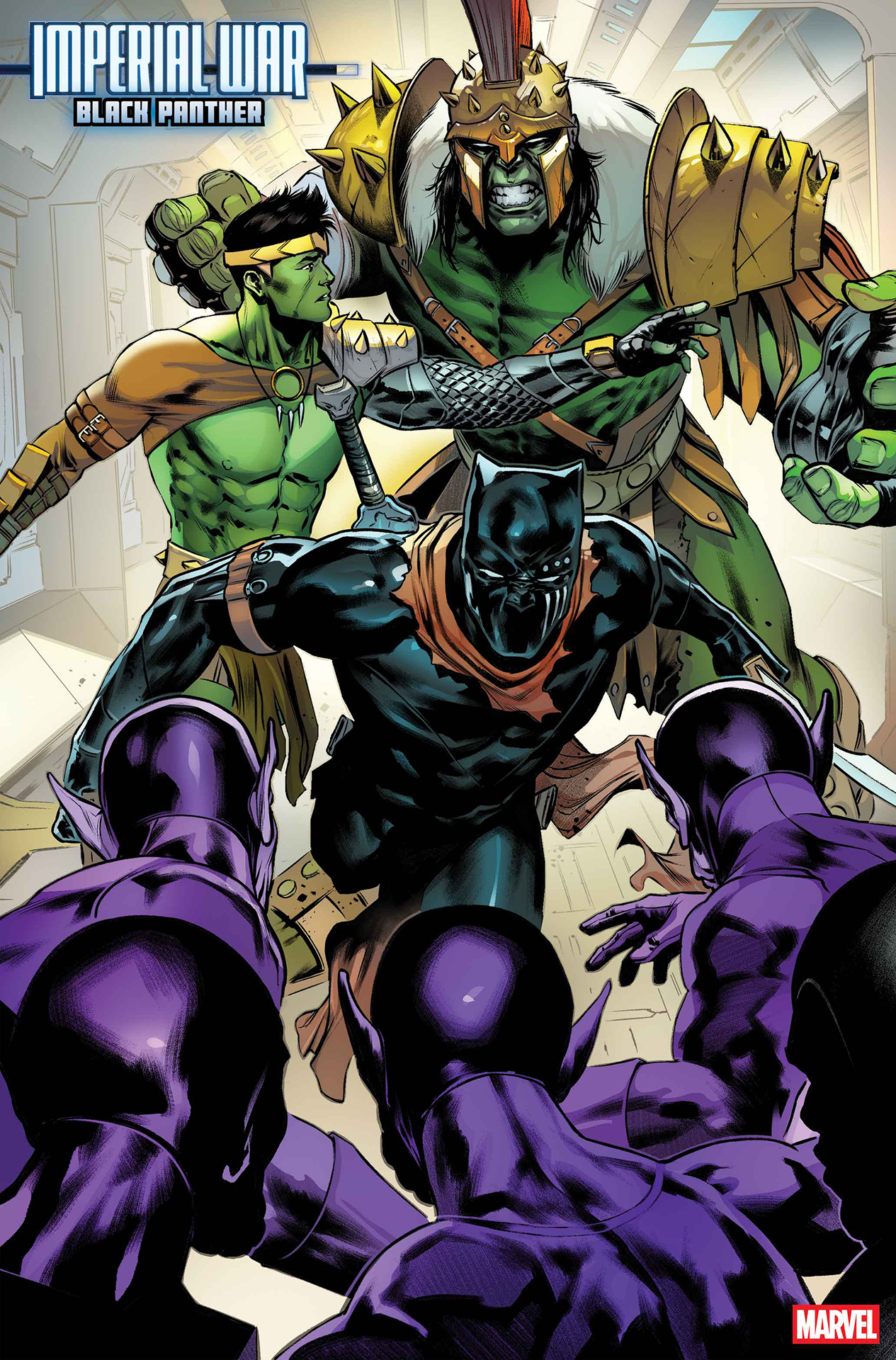 Black Panther, Hulk, and Amadeus Cho squaring off with Skrulls