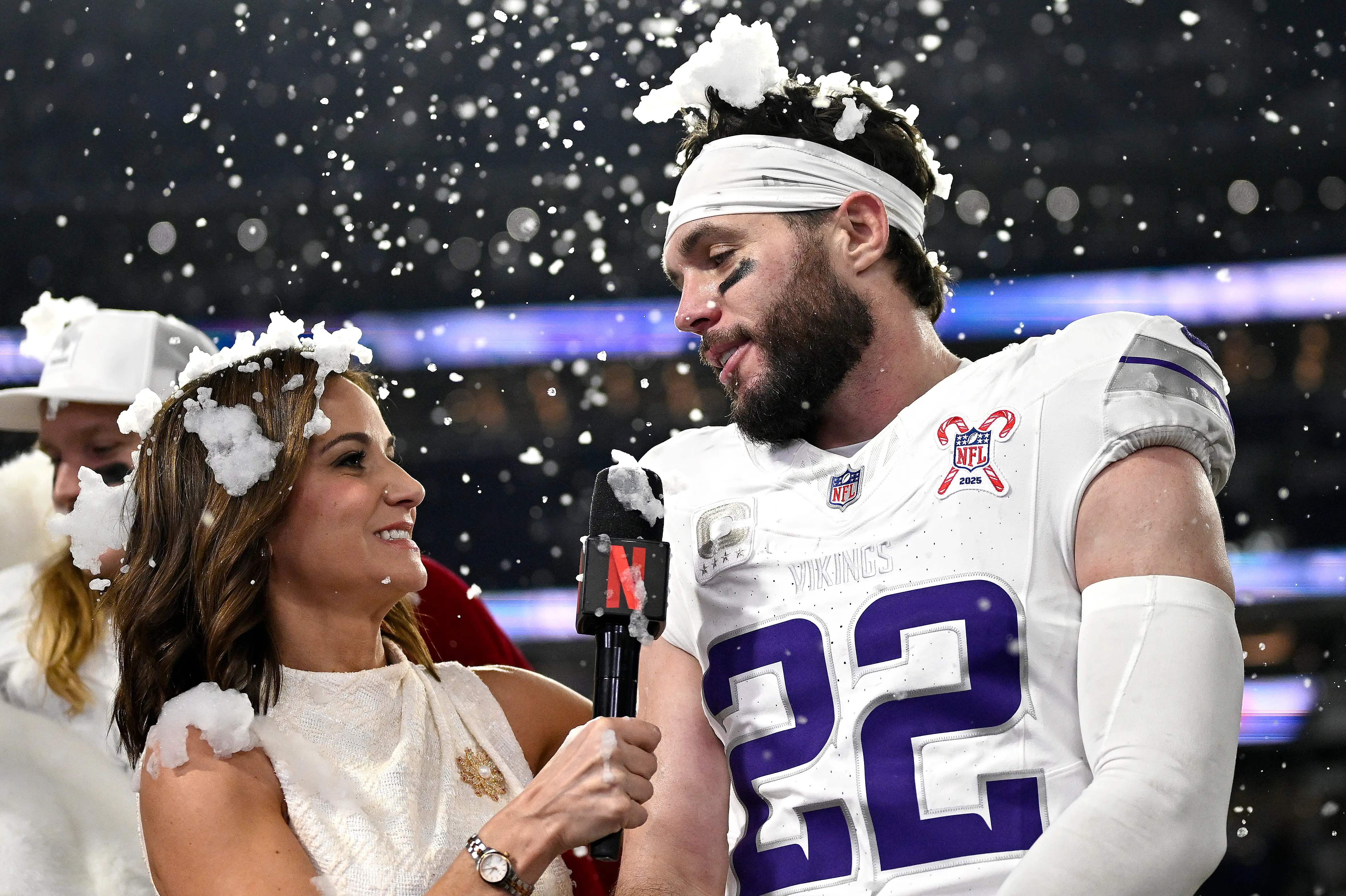 MINNEAPOLIS, MINNESOTA - DECEMBER 25:  Harrison Smith #22 of the Minnesota Vikings is interviewed following the 23-10 win against the Detroit Lions at U.S. Bank Stadium on December 25, 2025 in Minneapolis, Minnesota. (Photo by Stephen Maturen/Getty Images)