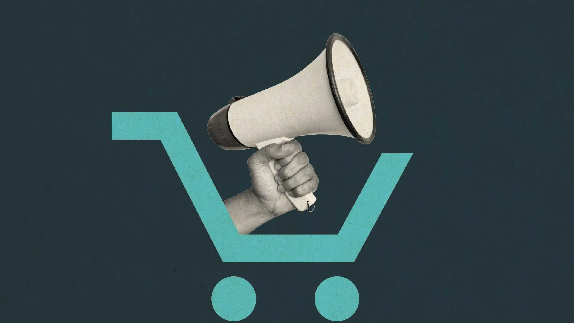 Hand reaching out of Amazon shopping cart with bullhorn
