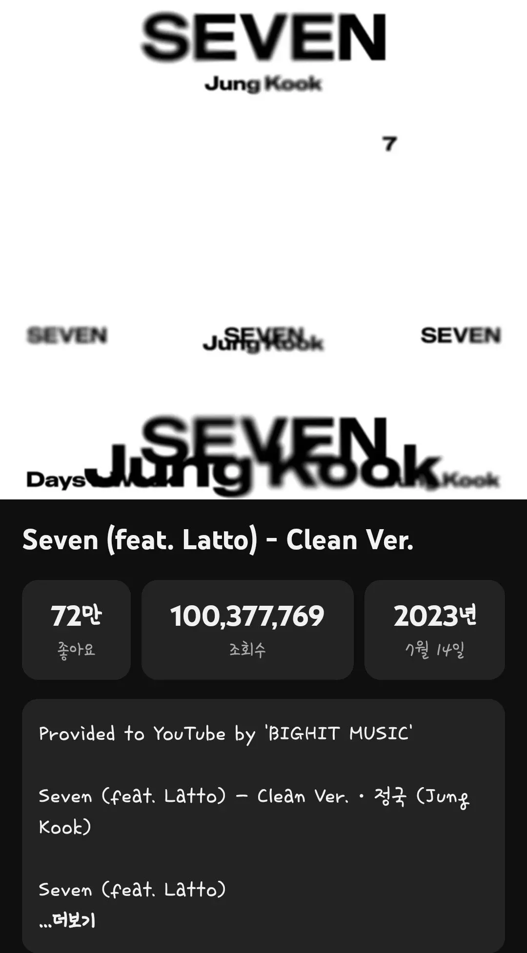 柾国Seven单曲封面及他在全球音乐榜单上取得优异成绩的示意图