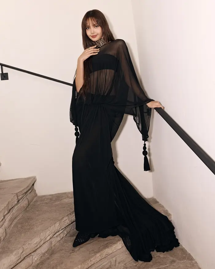 Lisa身穿黑色透视礼服佩戴金色项圈的红毯特写
