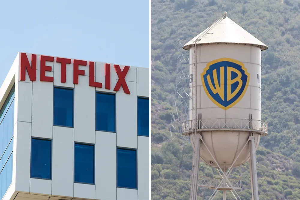 网飞Netflix标志与华纳兄弟探索并购案相关概念图