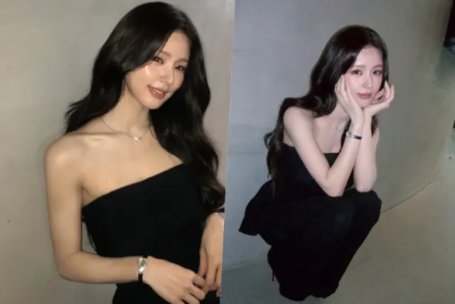赵美延身穿黑色一字肩上衣展示优越肩颈线条与精致妆容