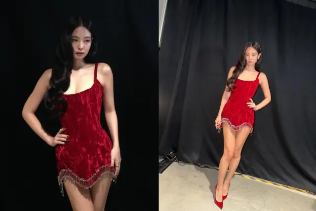 Jennie身穿红色丝绒迷你裙,展现出复古优雅与高贵诱惑的反转魅力