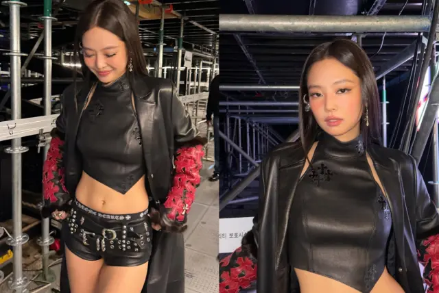 Jennie身穿黑色皮革挂脖上衣搭配短裤,自信展示直角肩和紧致腹肌
