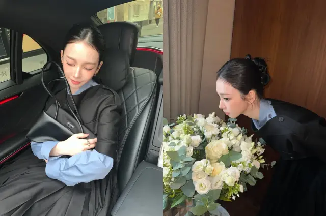 Karina展示多面魅力,时而在花朵背景前侧身凝视,时而在车内享受零食时光