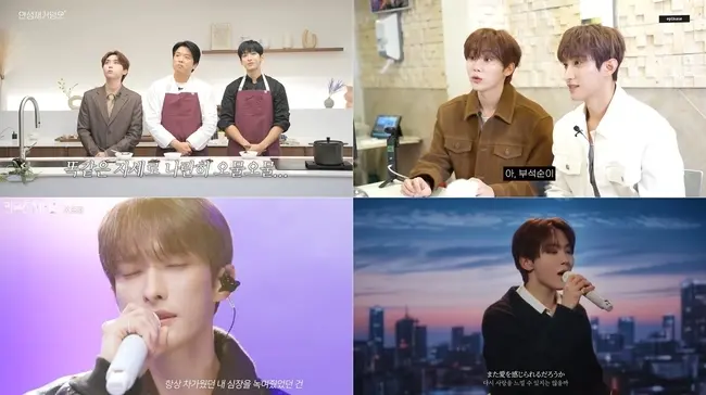 SEVENTEEN成员道兼与胜宽出演安成宰YouTube频道综艺画面,分别模仿安成宰与黑汤匙厨师