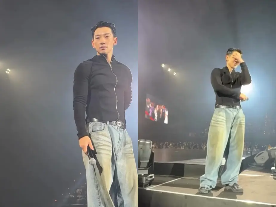 Rain在台北演唱会现场与粉丝互动的场景