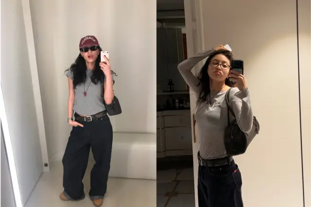 志效身穿黑色挂脖露脐装搭配豹纹帽子,秀出紧致腹肌和健康身材线条