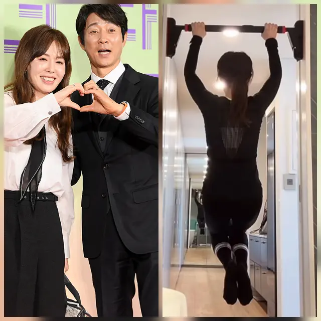 河希罗身穿黑色运动服在家中门框单杠上进行悬垂锻炼,展示紧致背部线条