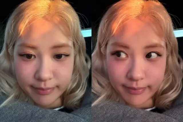 Rosé朴彩英在车内拍摄超近距离自拍，展示无瑕疵皮肤和标志性金发，表情调皮可爱