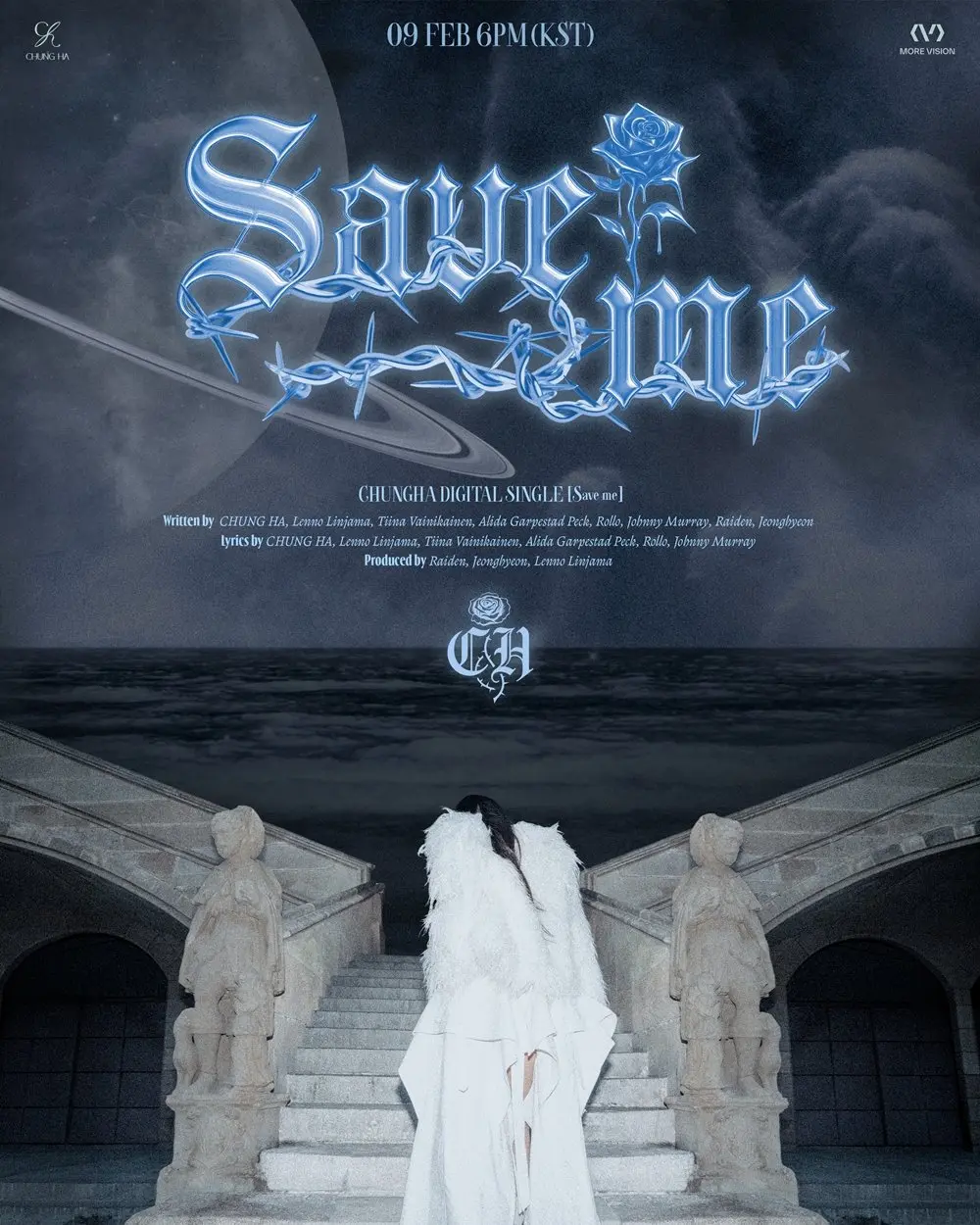 金请夏Save me回归预告海报,土星与蓝玫瑰背景下的梦幻造型