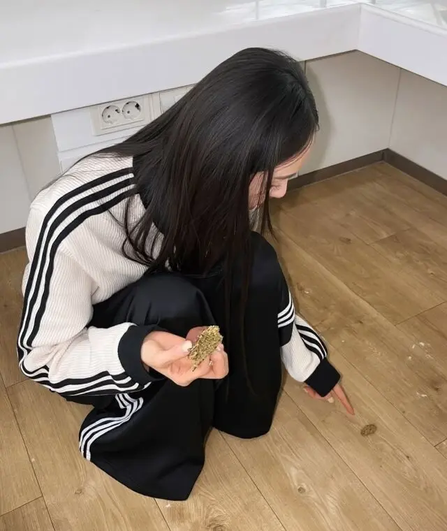 李多熙蹲在地上指着掉落破碎的饼干,背影显得十分委屈和无奈