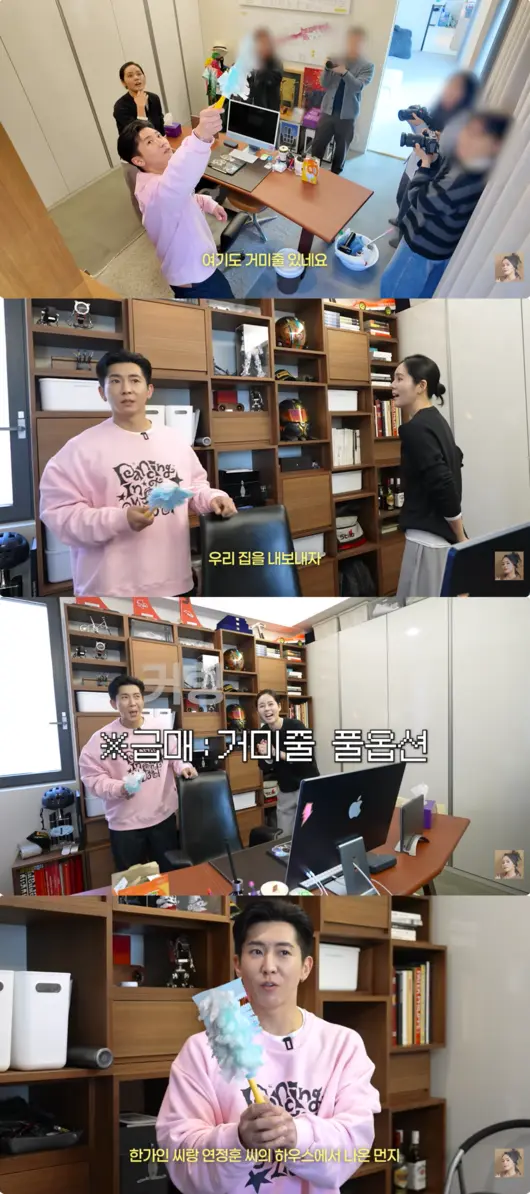 Brian站在椅子上清理延政勋书房角落的蜘蛛网,韩佳人在一旁协助