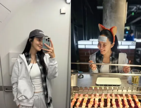 朴志允在上海羊肉串店享受美食,中断减肥计划展现开朗笑容,桌上摆满了美味的烤串