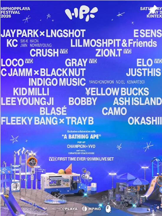 2026 Hiphopplaya Festival 官方宣传海报,展示5月2日一山KINTEX演出信息