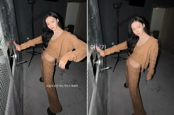 aespa Winter身穿卡其色针织套装做出单手开车的搞笑姿势,展示反差萌魅力
