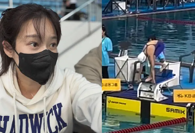 韩国女星玄英在游泳馆现场为女儿加油应援