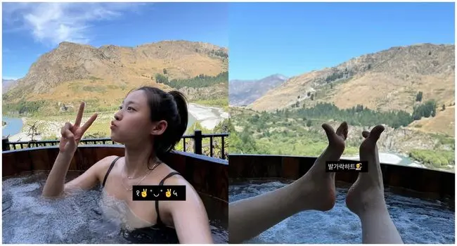 雪炫在社交媒体分享的温泉美景视频截图,背景是山河美景