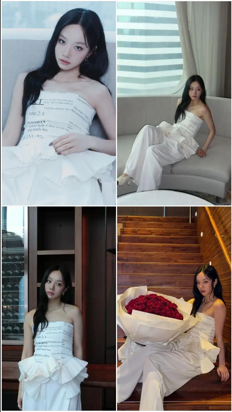 李惠利穿着白色阔腿西装裤与拼接尖头高跟鞋展现优雅身姿
