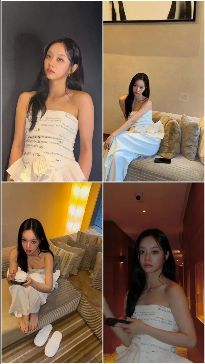 李惠利身穿YCH品牌白色印花抹胸上衣在上海拍摄的时尚照片