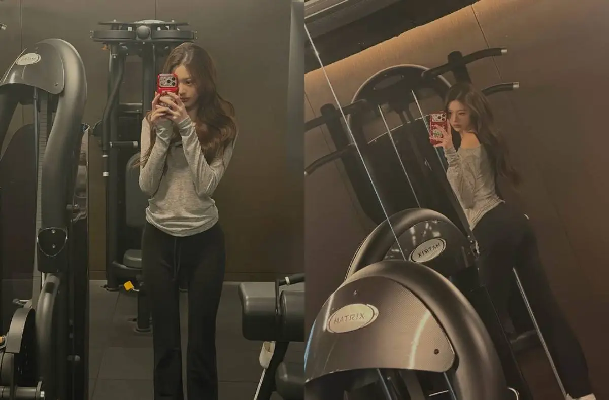 张元英身穿紧身运动服在健身房对镜自拍大秀S曲线与苹果臀