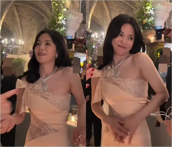 宋慧乔在海外行程中身穿裸色透视裙展现微醺可爱状态